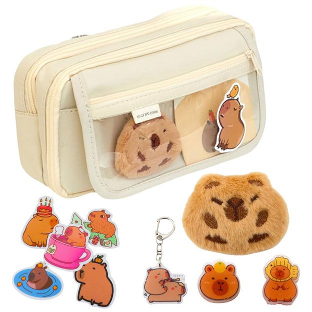 Two-compartment school pencil case with pockets and accessories Kapybara 21x12 cm
