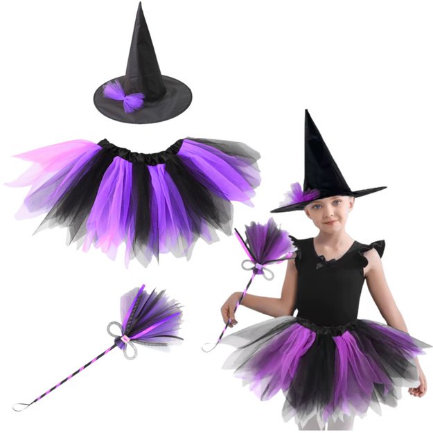 Witch Costume Hat Skirt Broom Purple and Black Costume
