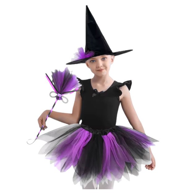 Witch Costume Hat Skirt Broom Purple and Black Costume 2