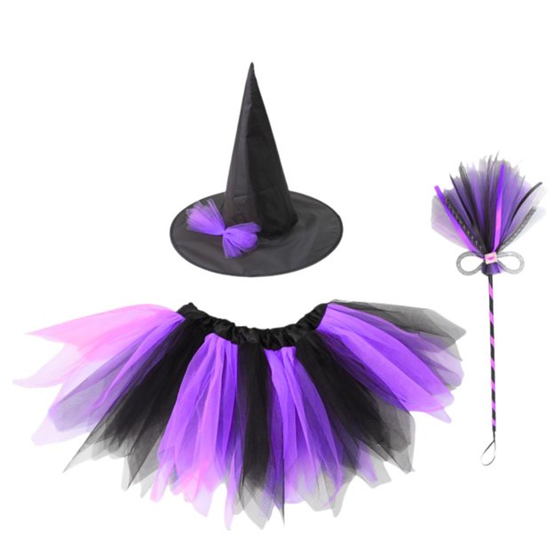 Witch Costume Hat Skirt Broom Purple and Black Costume 1