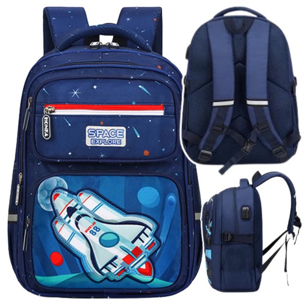 Children s School Backpack Chest Strap Navy Blue Rocket Space 20L 41cm 2