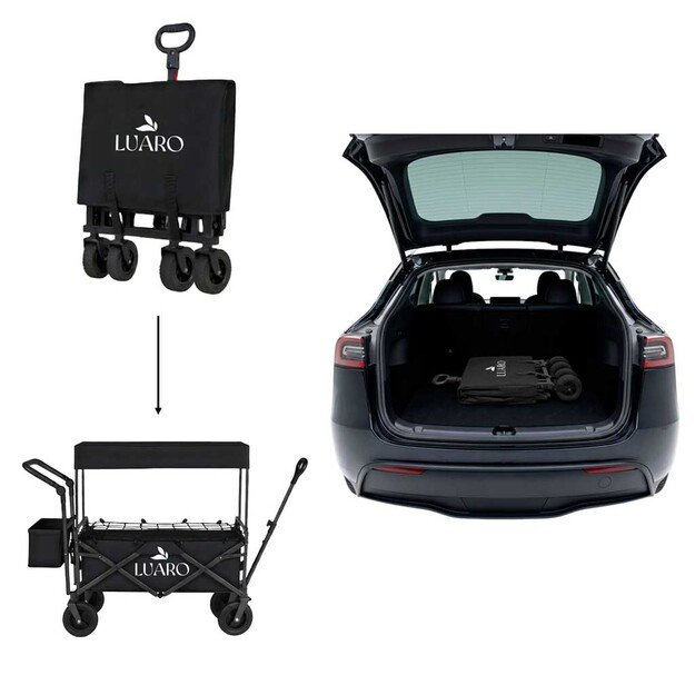 LUARO paplūdimio transportavimo vežimėlis sulankstomas su stogeliu ir tinkleliu, juodas 11