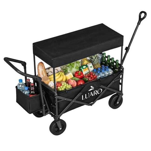 LUARO paplūdimio transportavimo vežimėlis sulankstomas su stogeliu ir tinkleliu, juodas 7