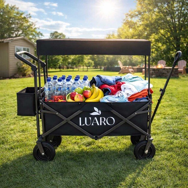 LUARO paplūdimio transportavimo vežimėlis sulankstomas su stogeliu ir tinkleliu, juodas 8