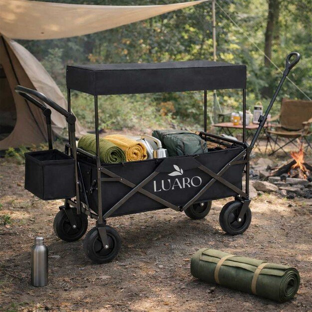 LUARO paplūdimio transportavimo vežimėlis sulankstomas su stogeliu ir tinkleliu, juodas 14