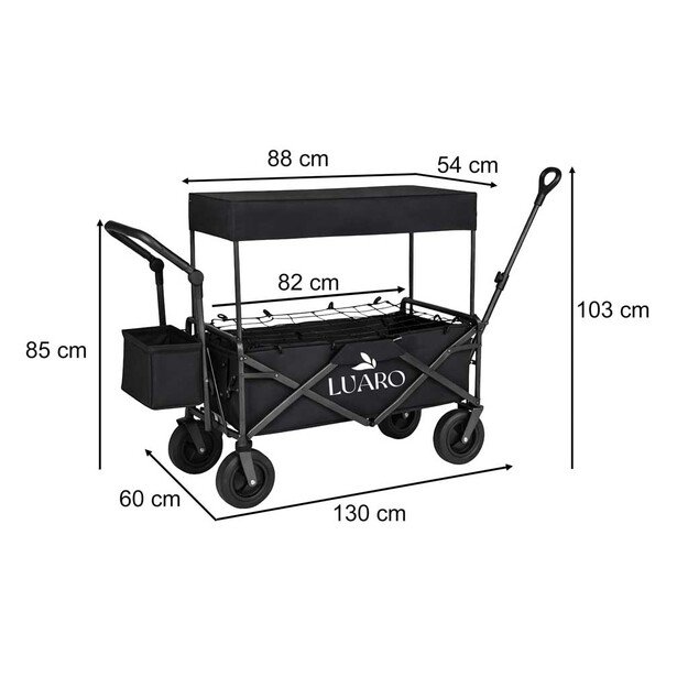 LUARO paplūdimio transportavimo vežimėlis sulankstomas su stogeliu ir tinkleliu, juodas 10