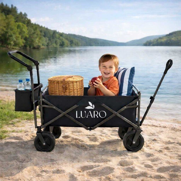 LUARO paplūdimio transportavimo vežimėlis sulankstomas su stogeliu ir tinkleliu, juodas 12