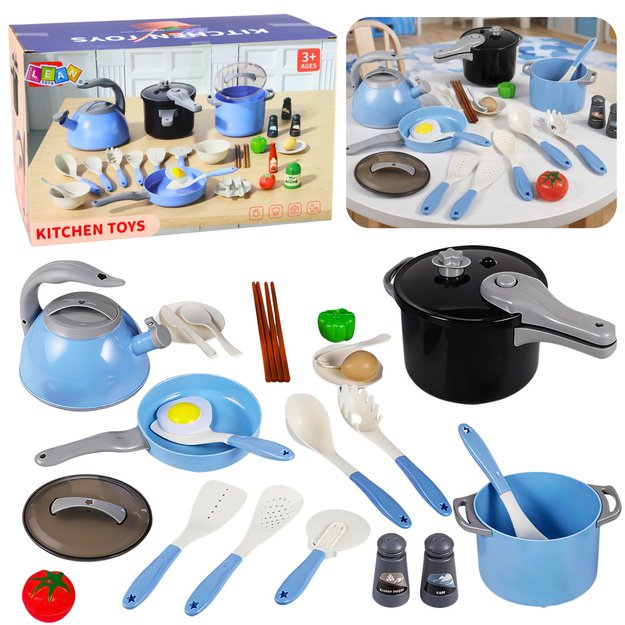 Kitchen Utensils Set Pots Frying Pan Kettle Accessories Blue 32 pcs.