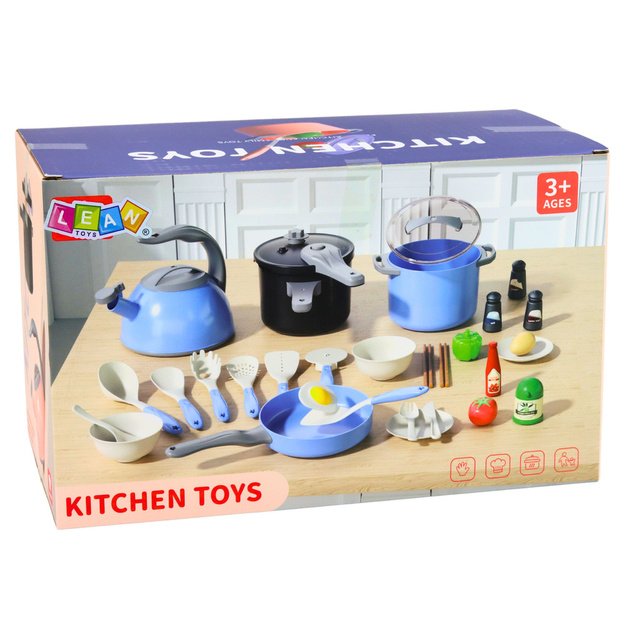 Kitchen Utensils Set Pots Frying Pan Kettle Accessories Blue 32 pcs.