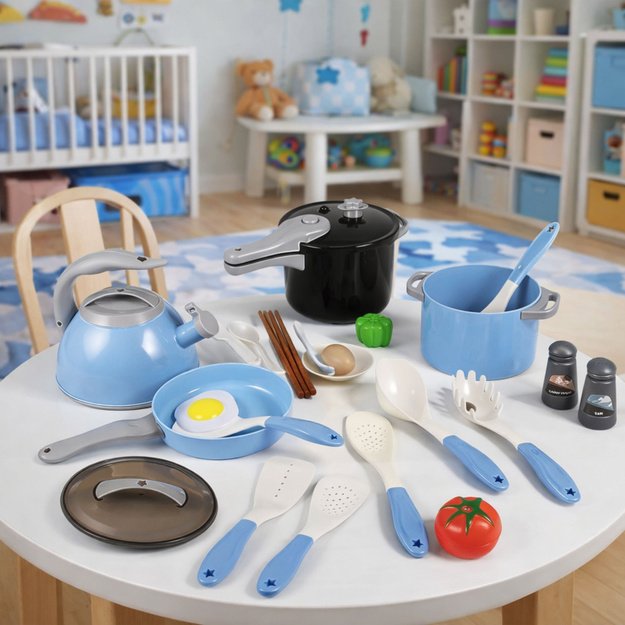 Kitchen Utensils Set Pots Frying Pan Kettle Accessories Blue 32 pcs.