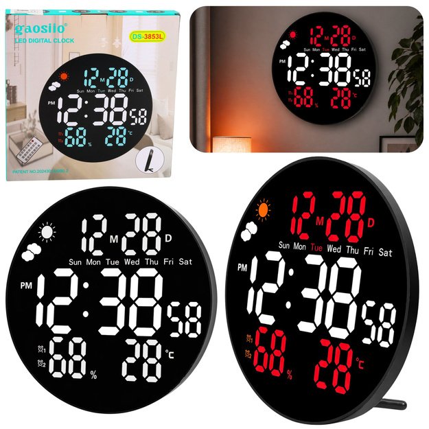 Digital LED Wall Clock Date Temperature Humidity Alarm Remote Control 25 cm