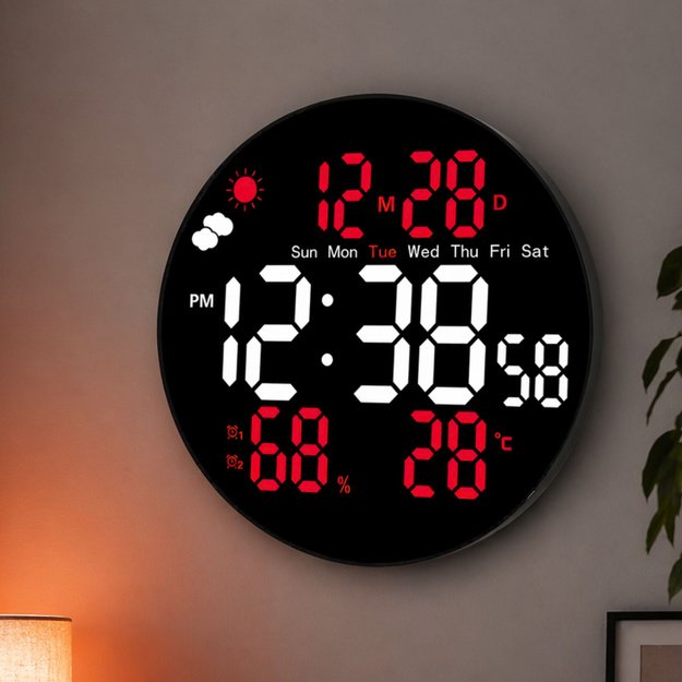 Digital LED Wall Clock Date Temperature Humidity Alarm Remote Control 25 cm
