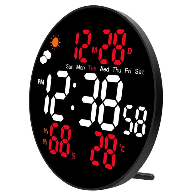 Digital LED Wall Clock Date Temperature Humidity Alarm Remote Control 25 cm