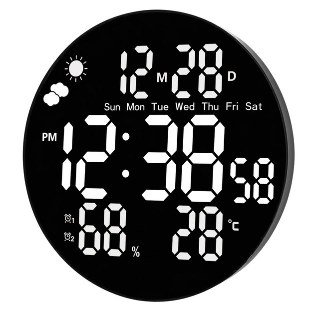 Digital LED Wall Clock Date Temperature Humidity Alarm Remote Control 25 cm