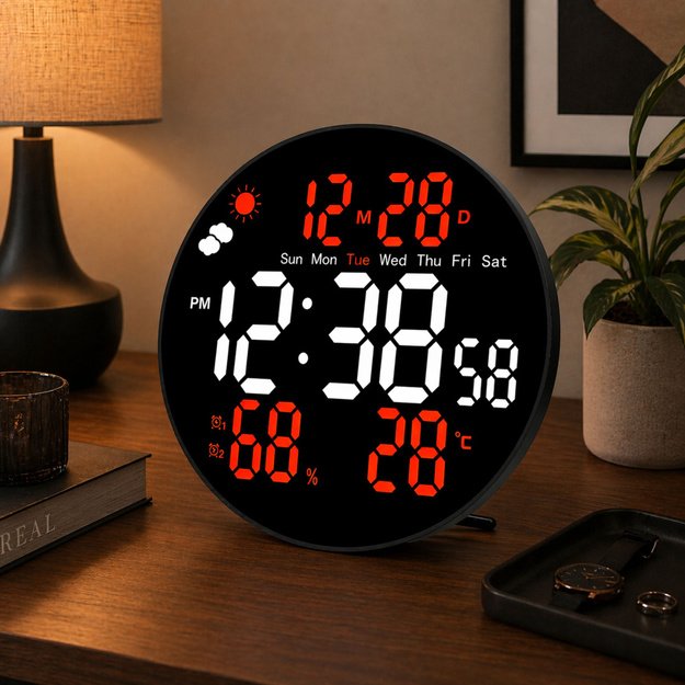 Digital LED Wall Clock Date Temperature Humidity Alarm Remote Control 25 cm