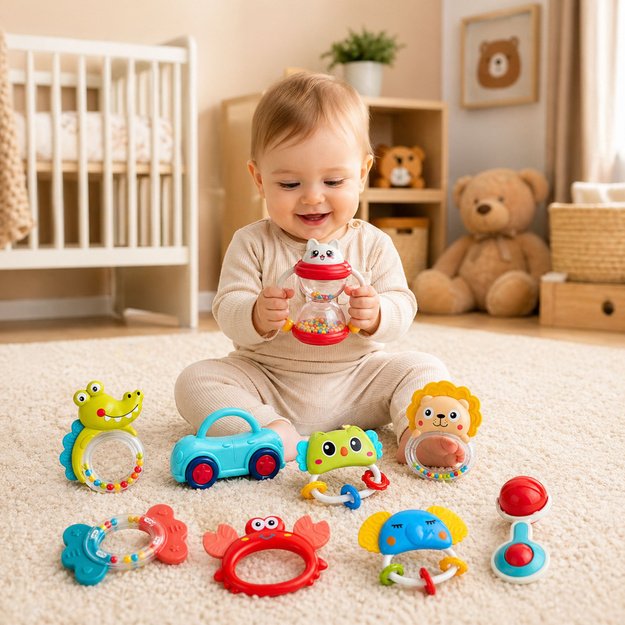 Set of Rattles, Teethers, Toys for Toddlers, Colorful, Moving, 9 pcs.