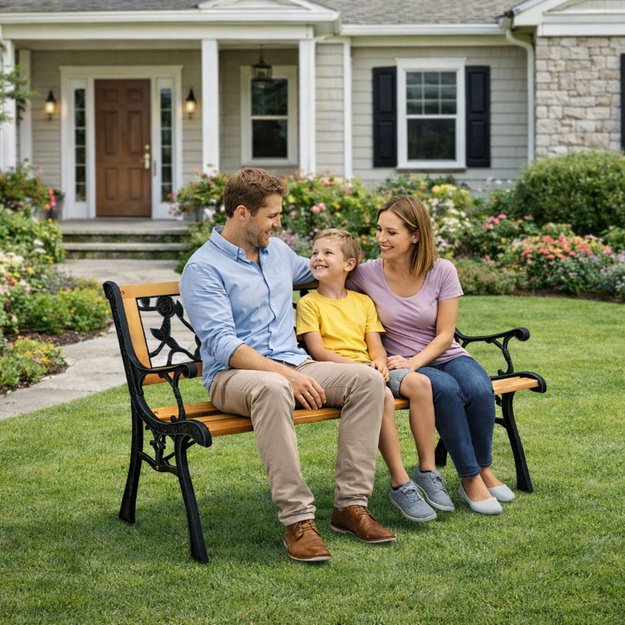 Wooden Garden Bench Metal Park Garden Bench with Backrest