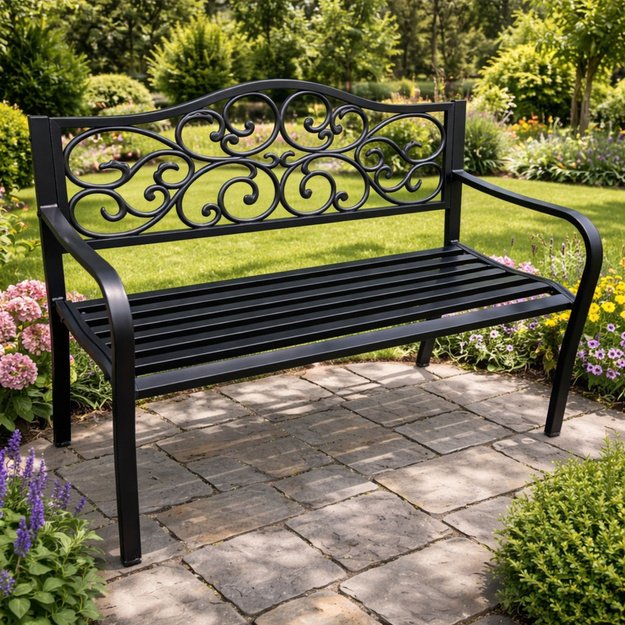 Garden Bench Terrace Garden Metal 3 Seater Decorated Black 127x60x89 cm