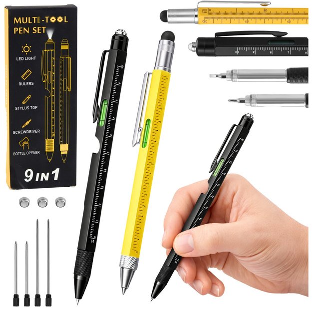 9-in-1 Multifunction Pens Spirit Level Flashlight Screwdriver Yellow Black 2 pcs