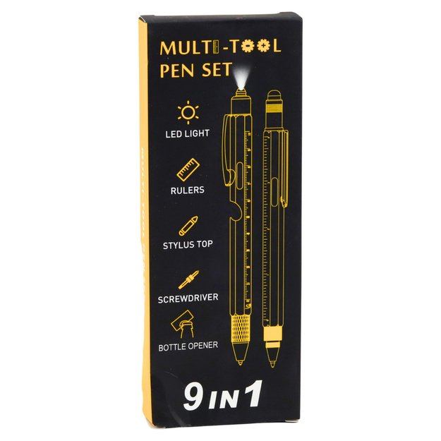 9-in-1 Multifunction Pens Spirit Level Flashlight Screwdriver Yellow Black 2 pcs