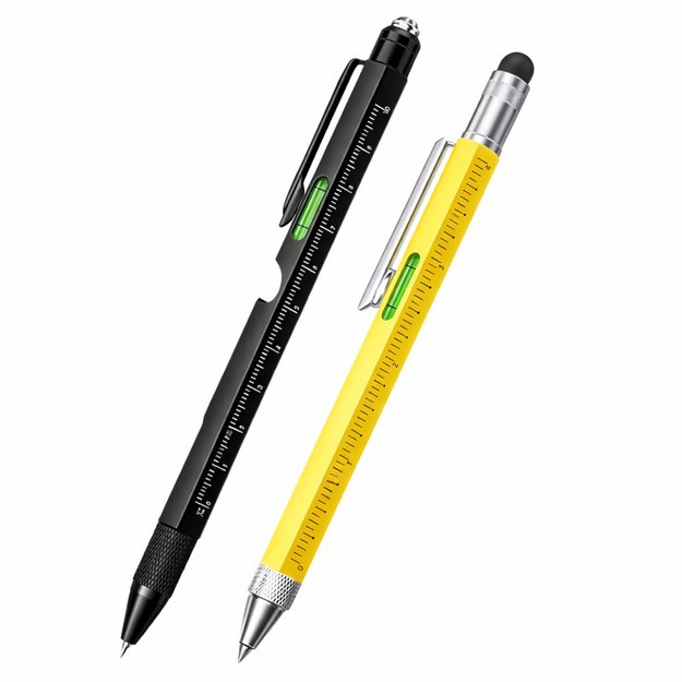9-in-1 Multifunction Pens Spirit Level Flashlight Screwdriver Yellow Black 2 pcs