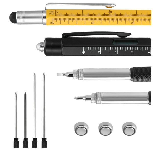 9-in-1 Multifunction Pens Spirit Level Flashlight Screwdriver Yellow Black 2 pcs