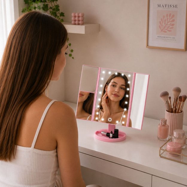 LED Cosmetic Mirror Folding Magnifying Touch Rotating Pink
