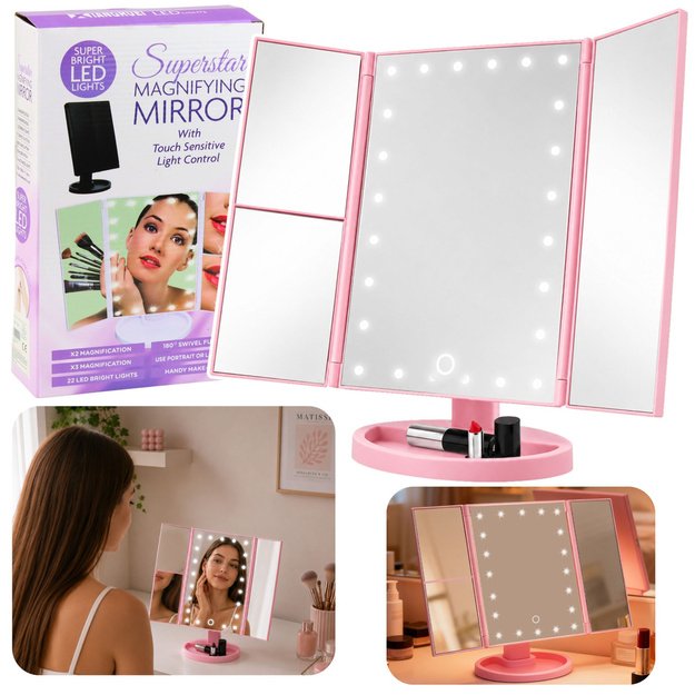 LED Cosmetic Mirror Folding Magnifying Touch Rotating Pink