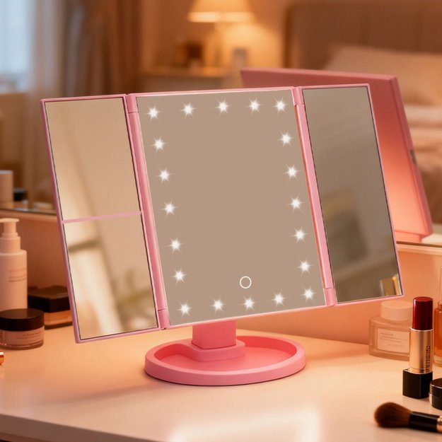 LED Cosmetic Mirror Folding Magnifying Touch Rotating Pink