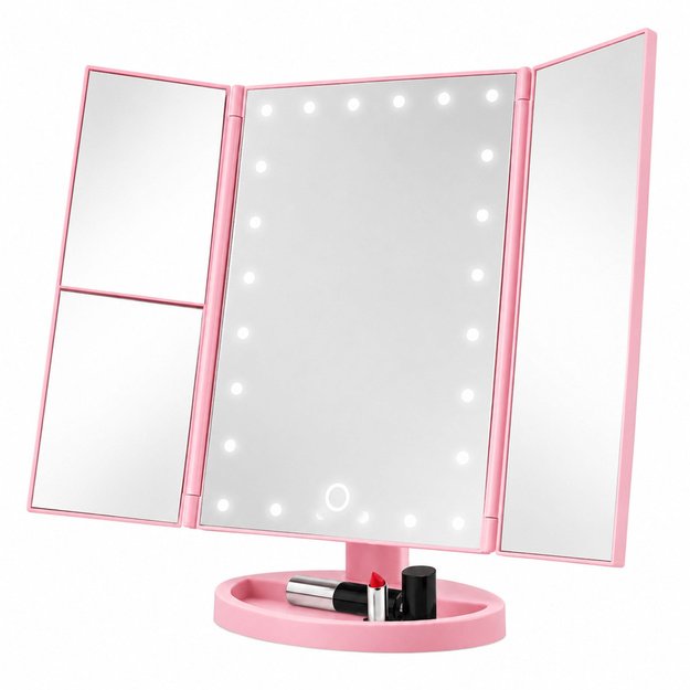 LED Cosmetic Mirror Folding Magnifying Touch Rotating Pink