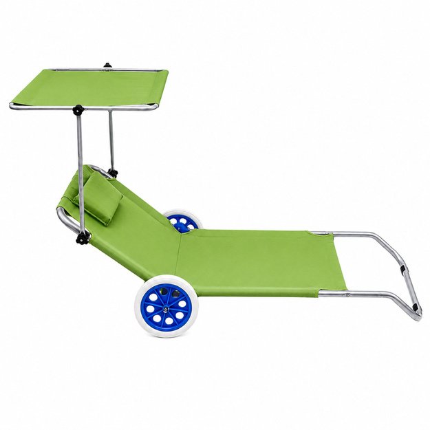 Folding Garden Beach Deckchair on Wheels with Aluminum Canopy Green