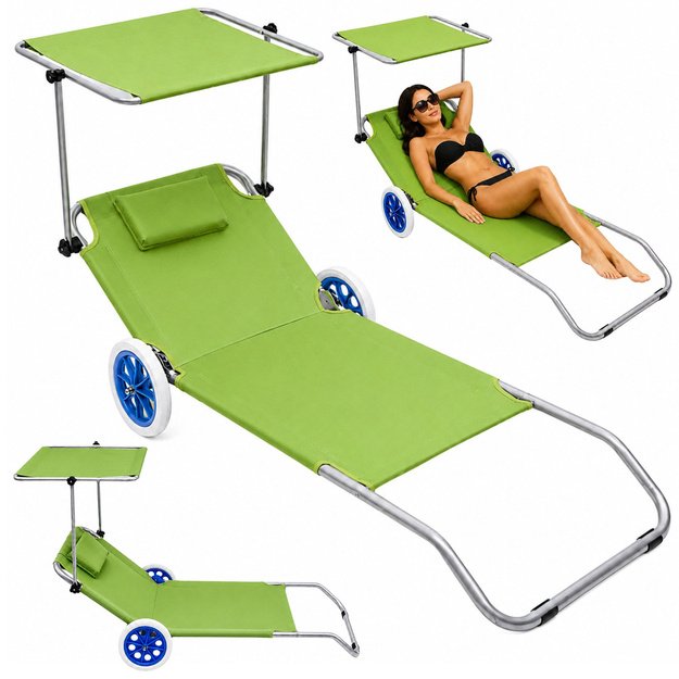 Folding Garden Beach Deckchair on Wheels with Aluminum Canopy Green