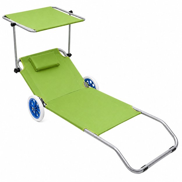 Folding Garden Beach Deckchair on Wheels with Aluminum Canopy Green