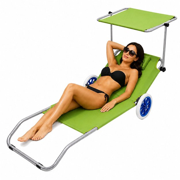 Folding Garden Beach Deckchair on Wheels with Aluminum Canopy Green