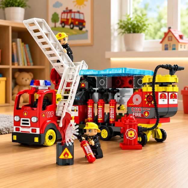 Foldable Fire Truck Blocks Firefighter Figures Lights Sounds 94 pcs.