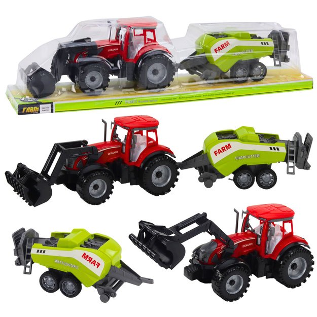 Set of Tractor with Loader and Agricultural Baler Red