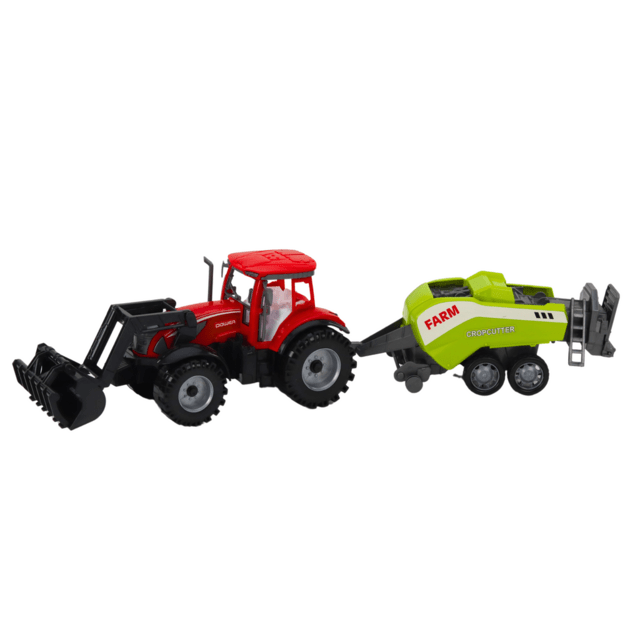 Set of Tractor with Loader and Agricultural Baler Red