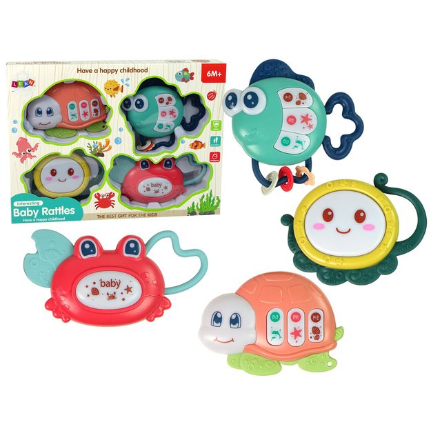 Baby Rattles Set of 4 Pieces Tortoise Fish Sea Animals Teether