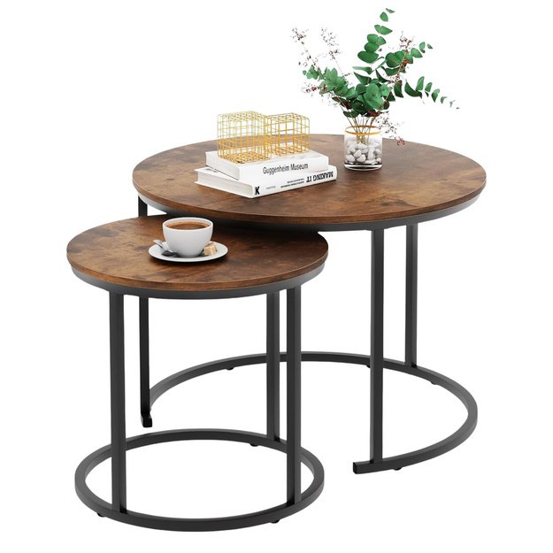 Set of 2-in-1 Round Coffee Tables Vintage Natural Wood 70x50cm 45x44cm 2