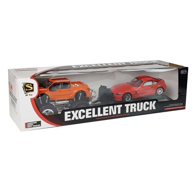 Transporto priemonių rinkinys Oranžinis sunkvežimis-monstras Raudonasis BMW Caravan 58 cm 22