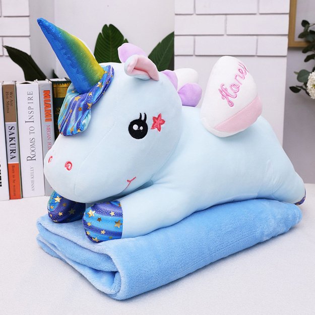 Plush Unicorn Cuddly Toy with Blanket 160x110cm Blue 55cm 3