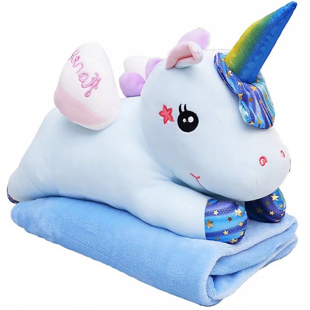 Plush Unicorn Cuddly Toy with Blanket 160x110cm Blue 55cm 1