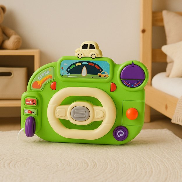 Interactive Steering Wheel For Kids Driving Simulator Lights Sounds Green 2