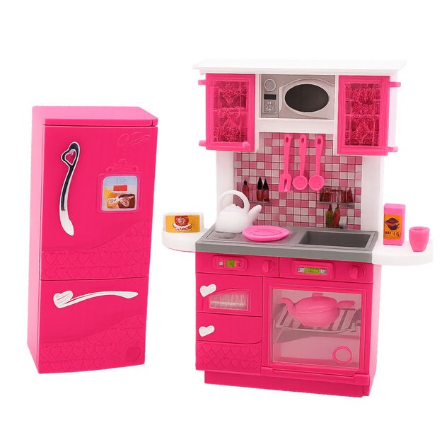 Doll Kitchen Set Fridge Oven Accessories Pink 4