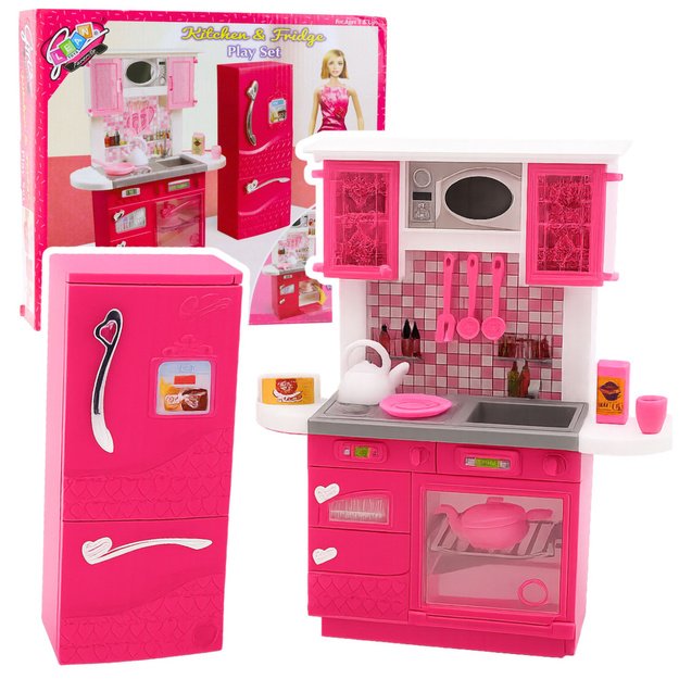 Doll Kitchen Set Fridge Oven Accessories Pink