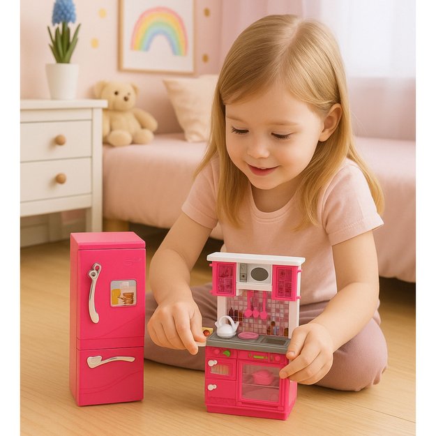 Doll Kitchen Set Fridge Oven Accessories Pink 5