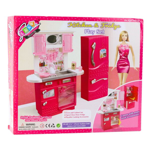 Doll Kitchen Set Fridge Oven Accessories Pink 6