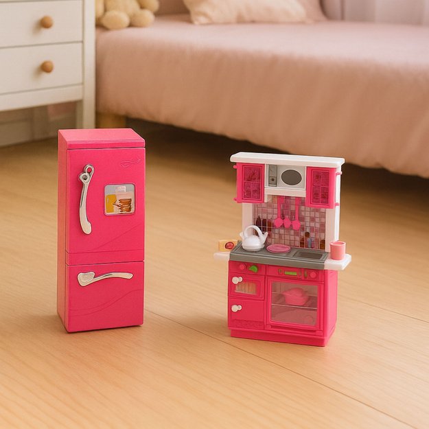 Doll Kitchen Set Fridge Oven Accessories Pink 3