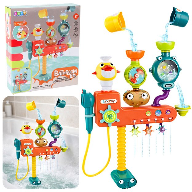 Perpildymo vonios žaislas su ratukais ir puodeliais duše