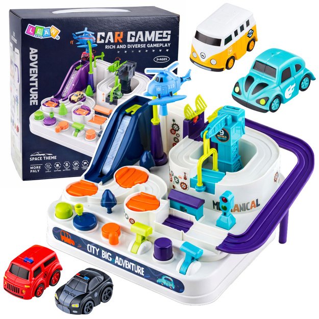 Interaktyvus kūrybinis automobilių kliūčių trasos rinkinys su 4 automobiliais